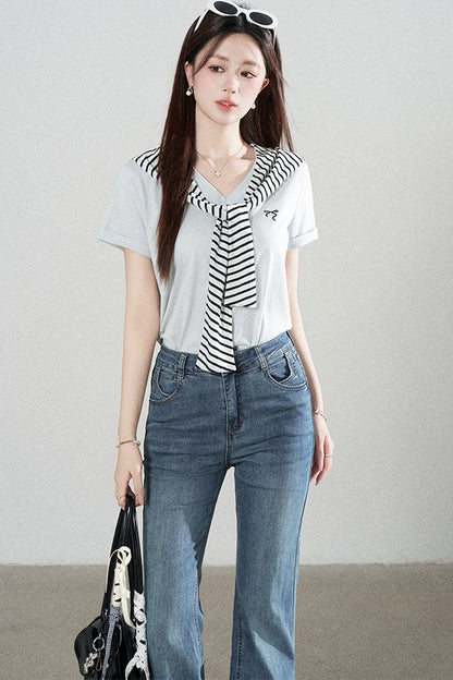 Loose Short-Sleeved Striped Shawl T-Shirt and Denim Skirt Set-Up