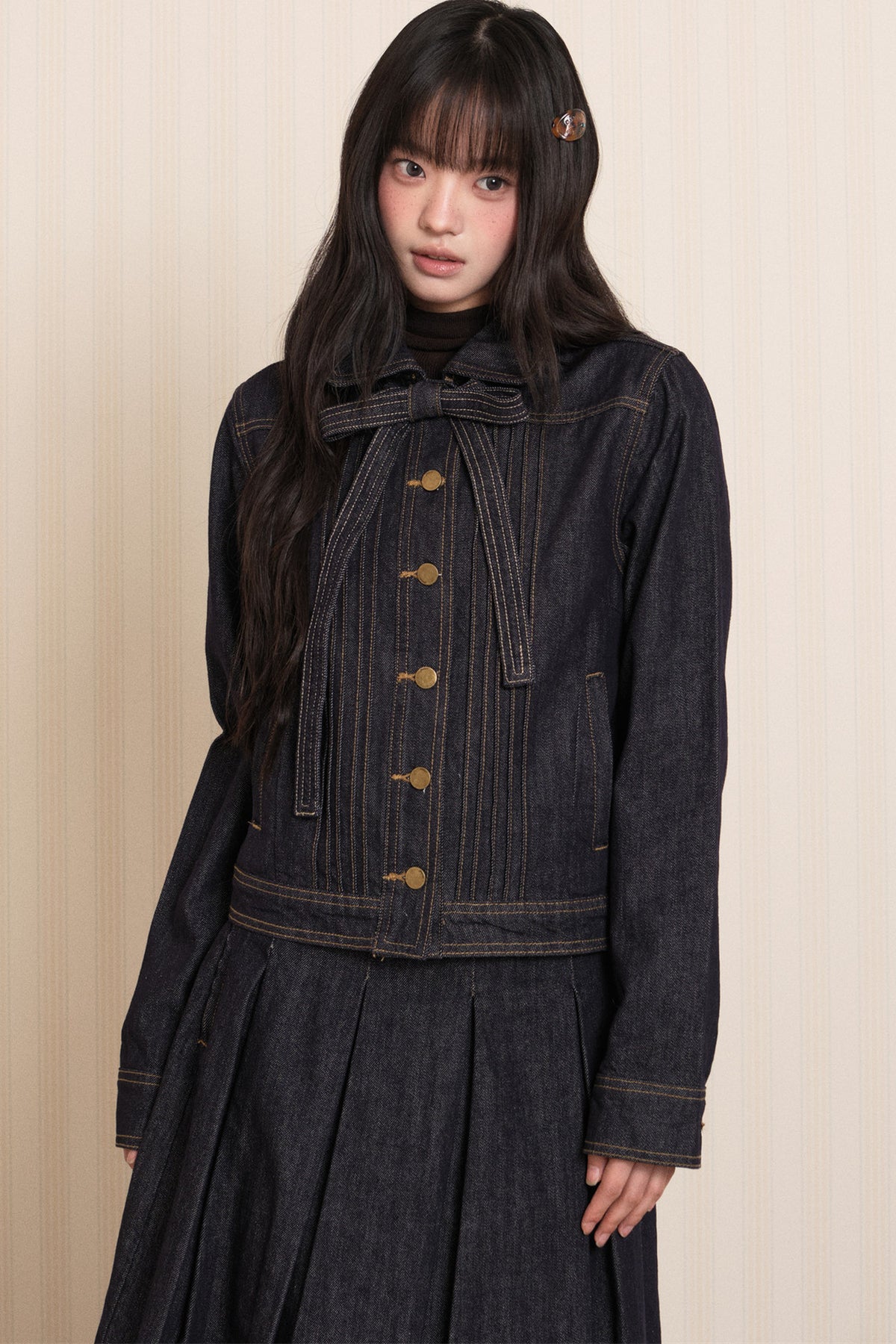 Washed Denim Lapel Tie Jacket