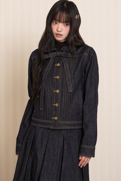 Washed Denim Lapel Tie Jacket