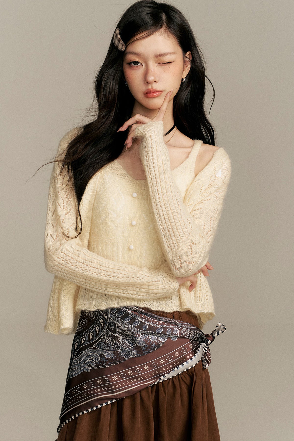 Crochet Knit Cardigan and Camisole Two-Piece With Skirt Set-Up