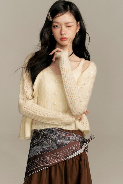 Crochet Knit Cardigan and Camisole Two-Piece With Skirt Set-Up