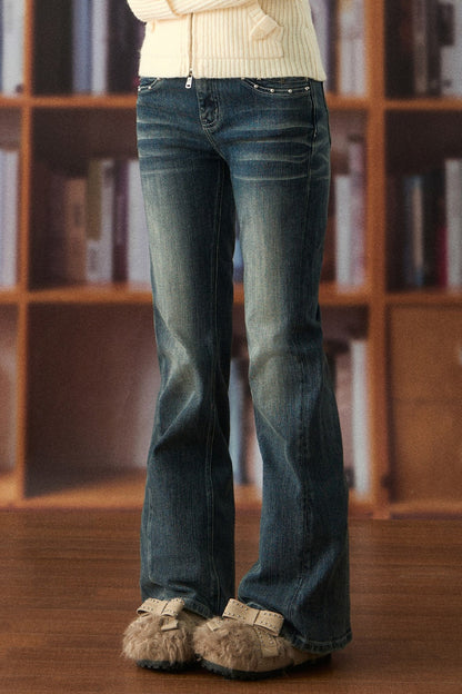 Low-Waist Star-Stud Flared Jeans