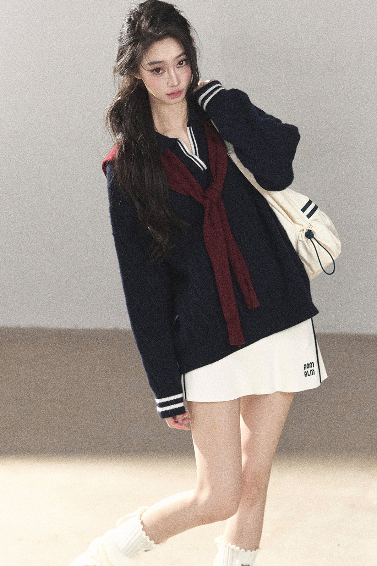 Navy Blue Sweater And White Mini Skirt Set-Up