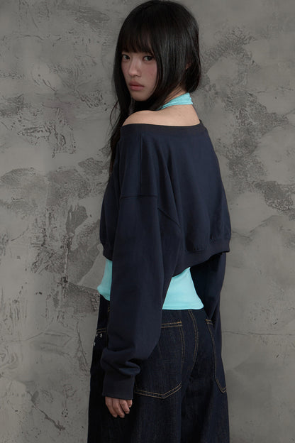 Off-Shoulder Halter Sweatshirt and Pants Set-Up