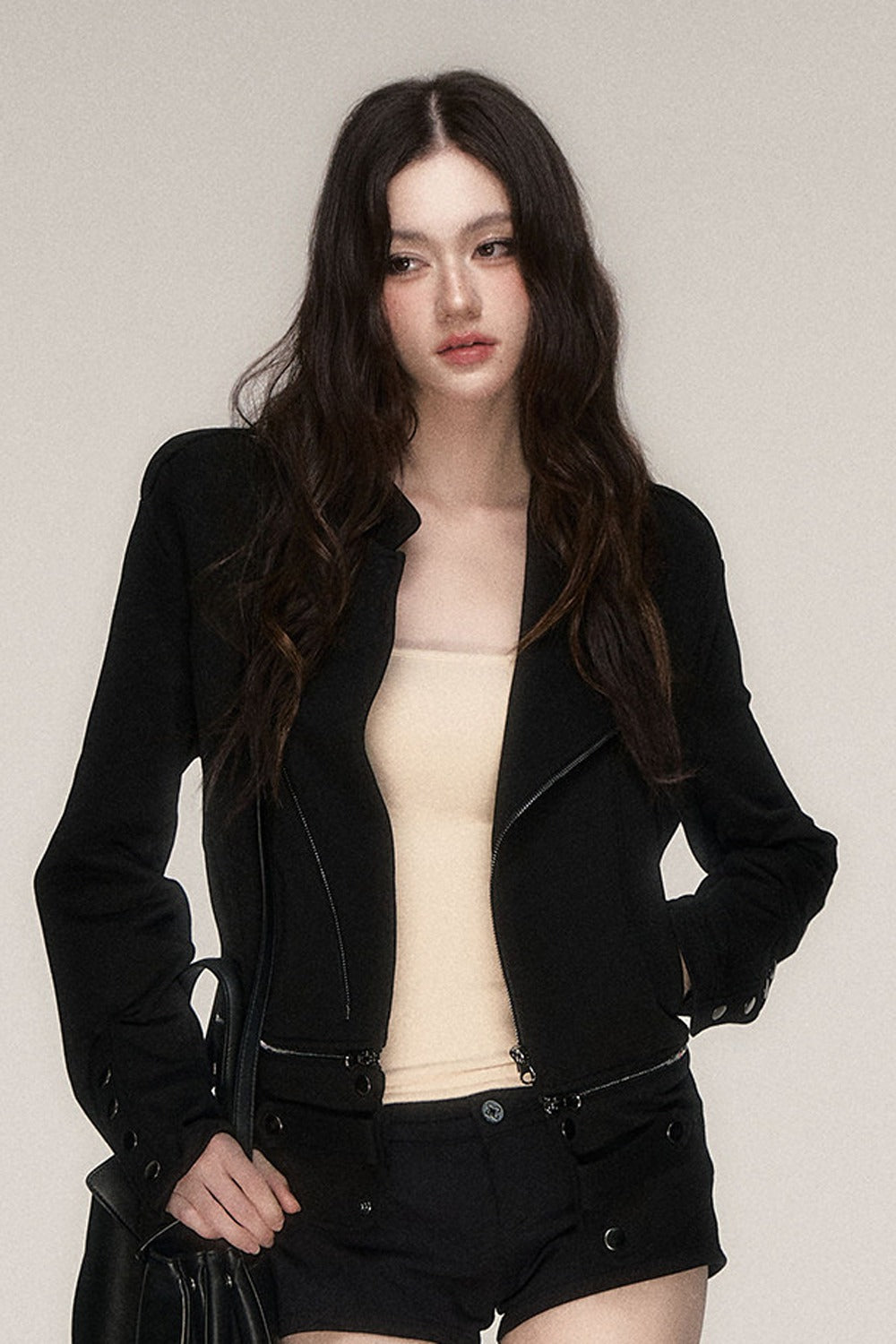 Asymmetrical Metal Zipper Slim Fit Black Jacket