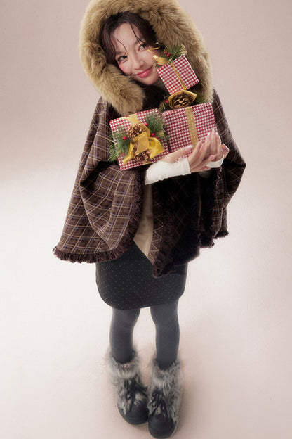 Plaid Fur Collar Hooded Shawl Cape