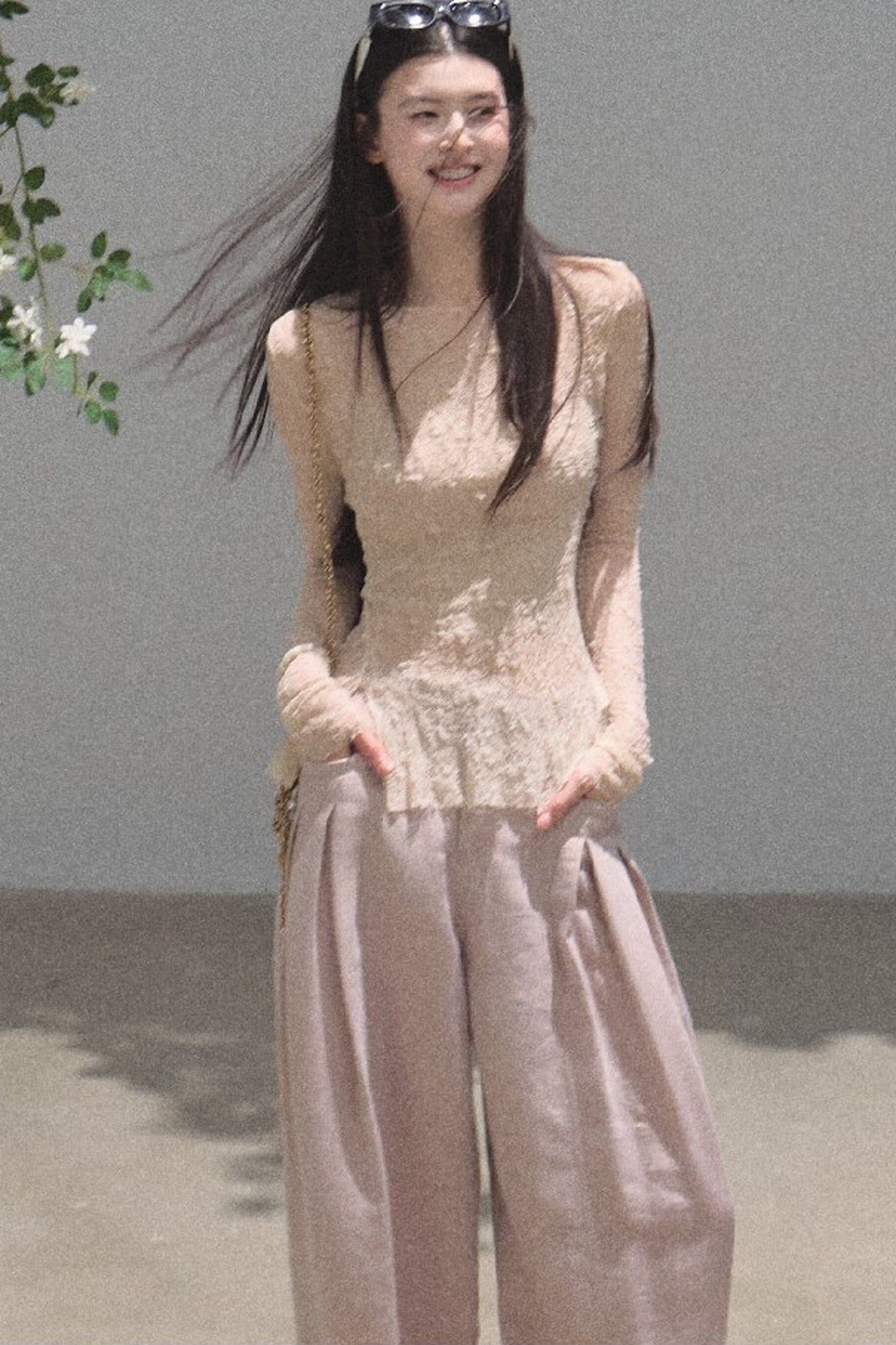 Silver Textured Knit Lace Blouse