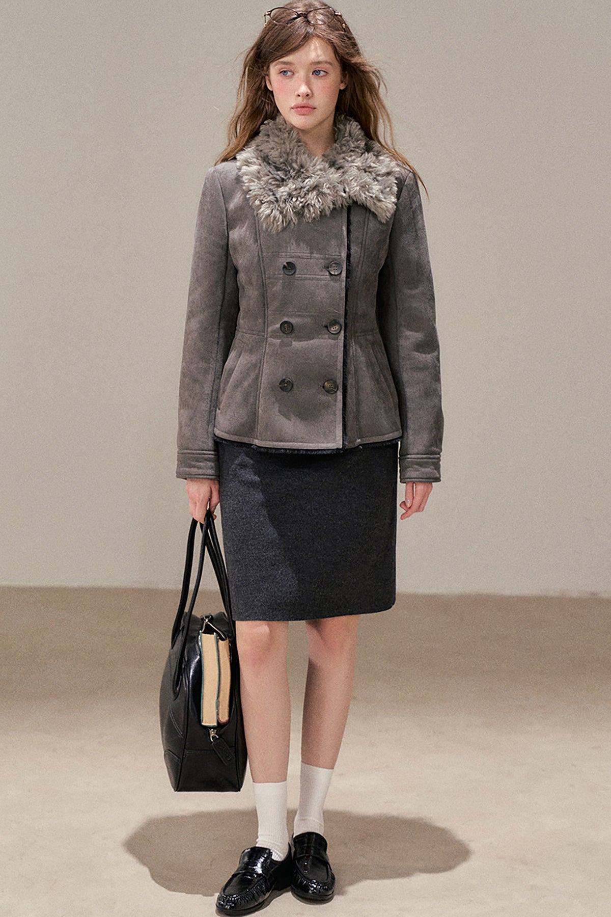 Double-Breasted Fur Collar Jacket