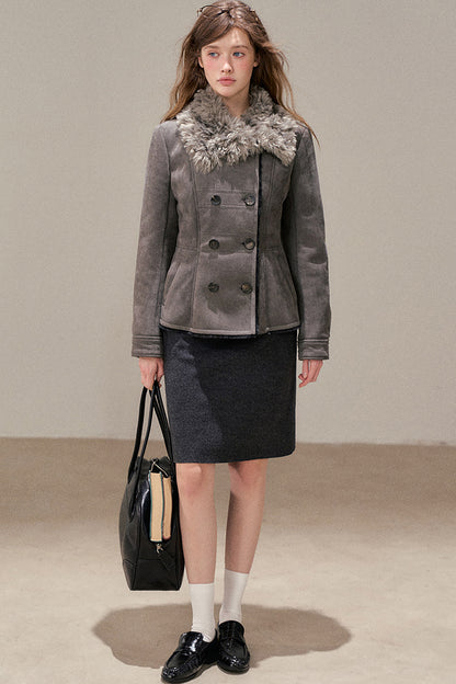 Double-Breasted Fur Collar Jacket