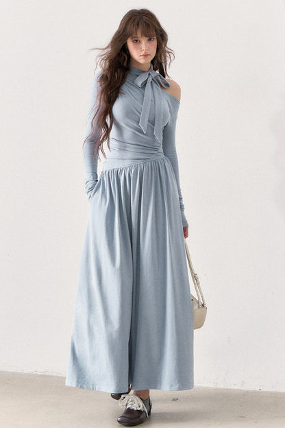 Off-Shoulder Bow-Knot Knit Long Dress