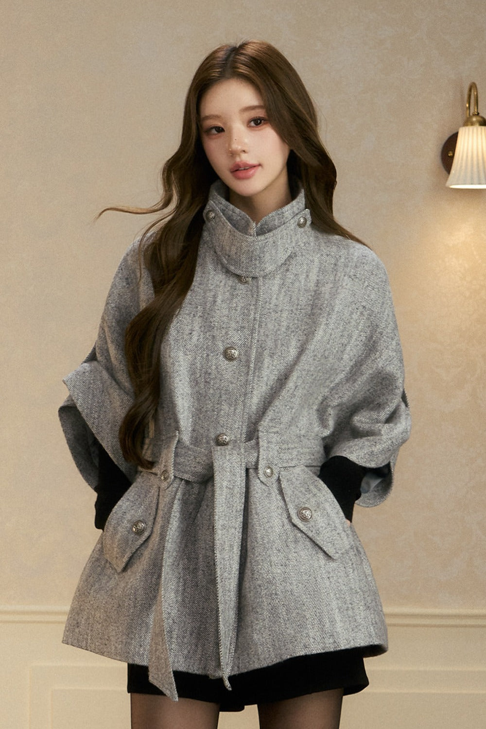 Stand Collar Batwing Wool Cape Jacket