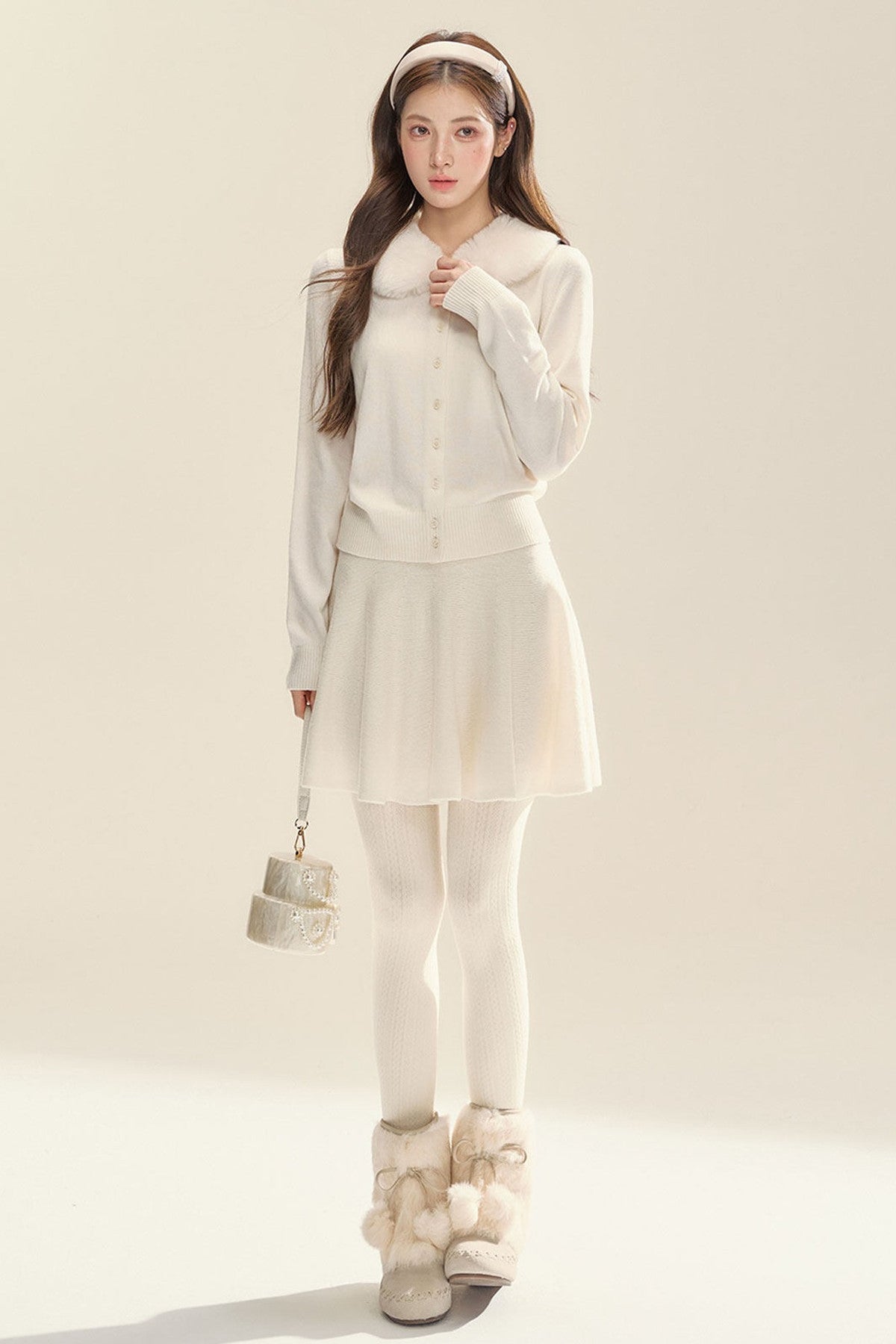 Milk White Cardigan and Skirt Set-Up