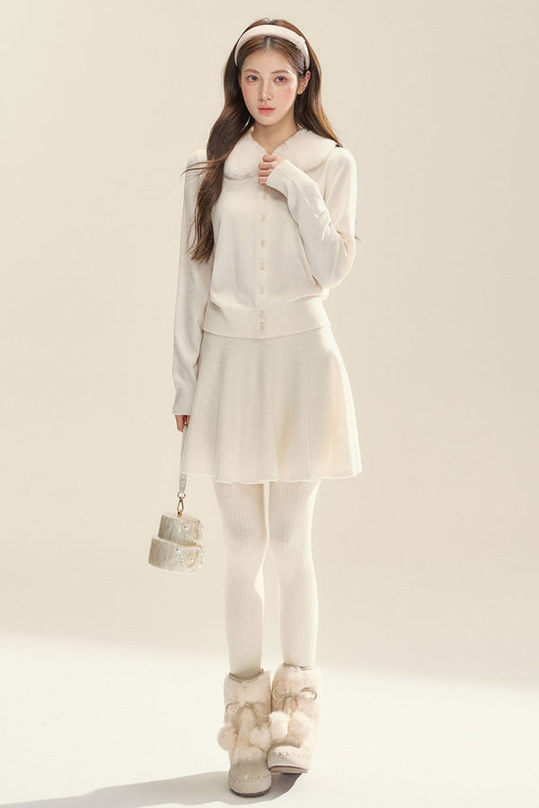 Milk White Cardigan and Skirt Set-Up