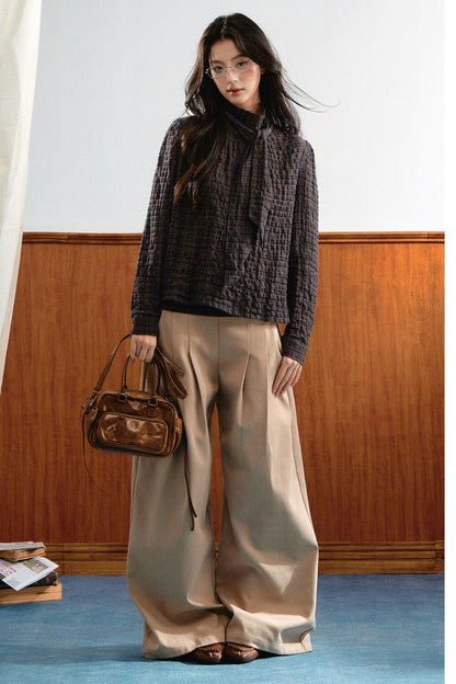 Plaid Cable-Knit Knit Shirt Top
