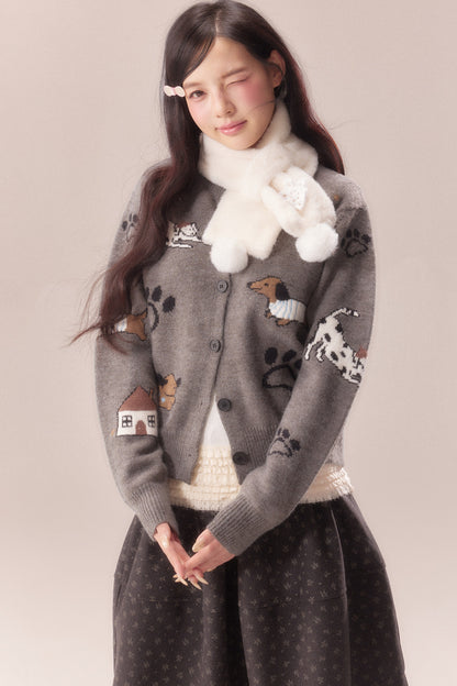 Paw Print Jacquard Knit Cardigan