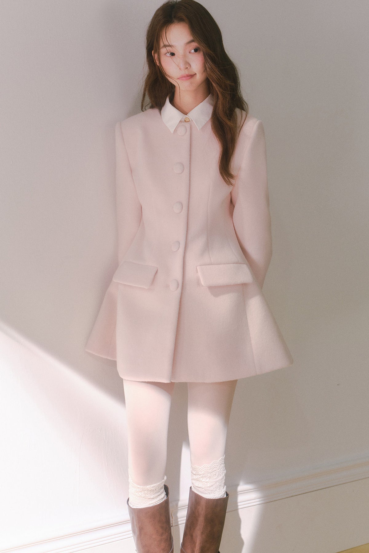 Pink Wool Shirt Collar Mid-Length Coat