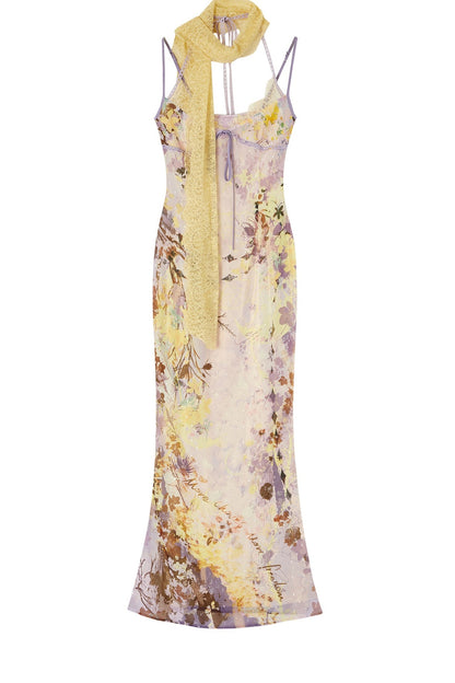French Oil Painting Floral Spaghetti Strap Long Dress