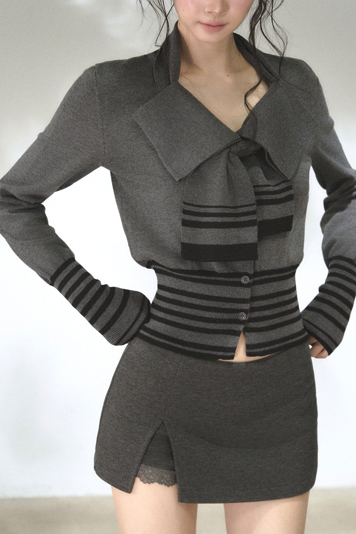 Bow Tie Striped Knit Cardigan