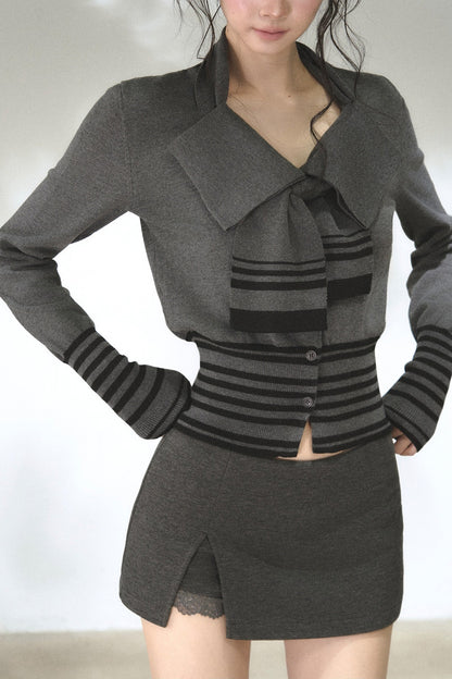 Bow Tie Striped Knit Cardigan