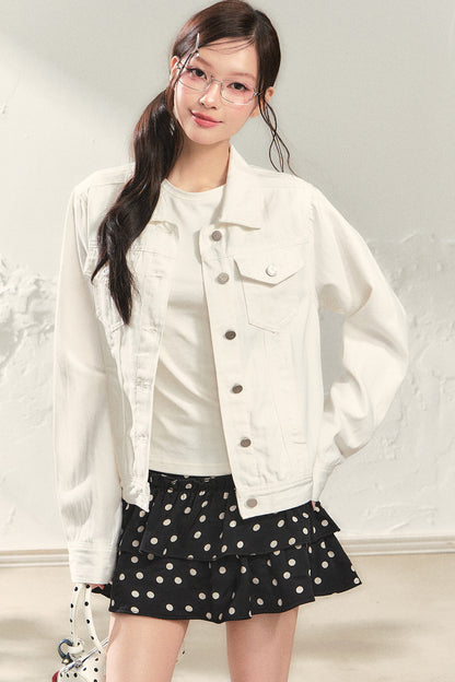 White Denim Jacket and Black Polka Skirt Set-Up