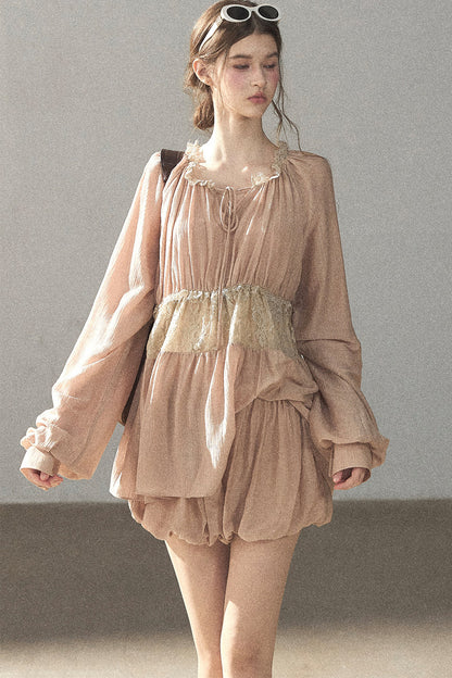 Crinkled Fabric Top and Short Skirt Set