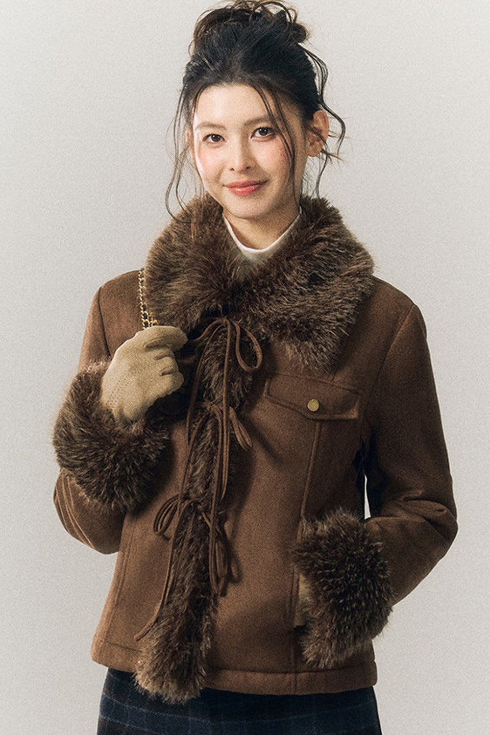 Suede Fur Collar Lace-Up Jacket