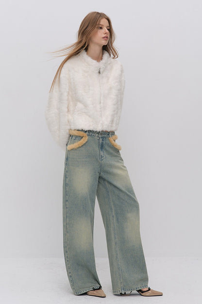 Stand Collar Faux Fur Jacket