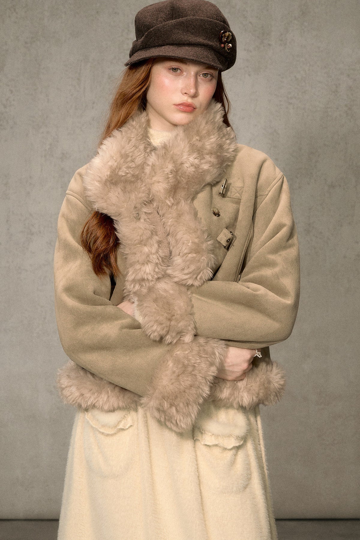 Oatmeal Chocolate Fur Trim Asymmetrical Jacket