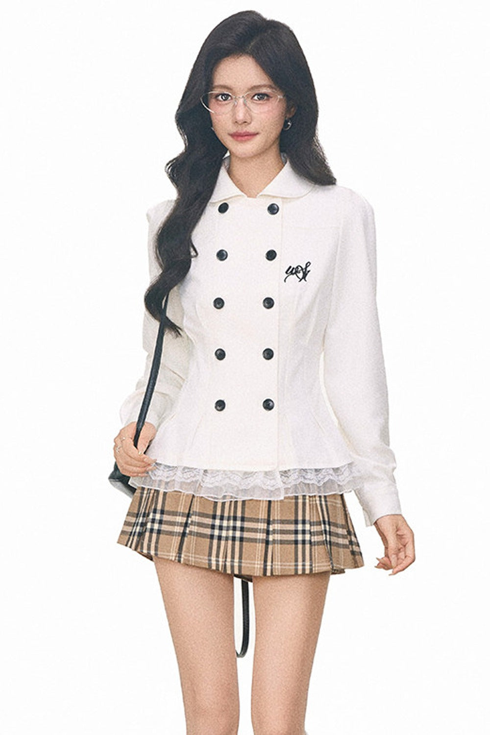 Double-Breasted Faux Denim Pleated Top and Skirt Set-Up