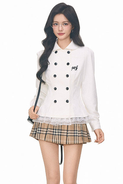 Double-Breasted Faux Denim Pleated Top and Skirt Set-Up