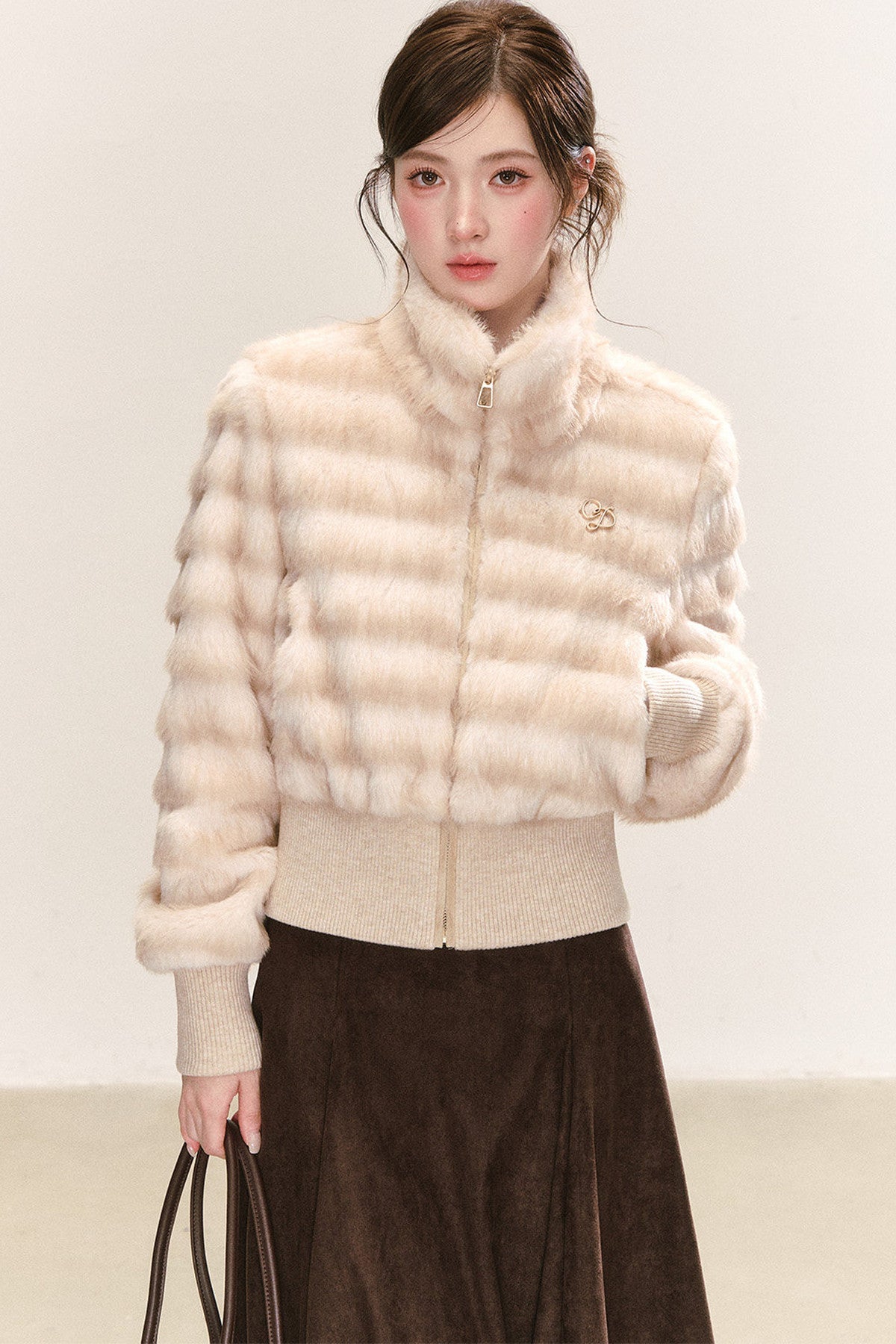 Apricot Faux Fur Stand-Collar Jacket