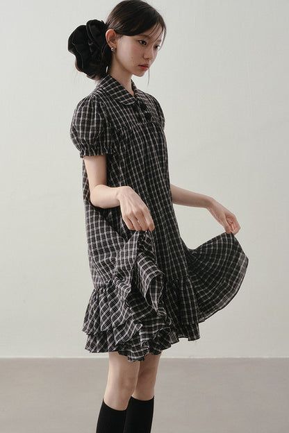 Plaid Doll Collar Puff Sleeve Ruffle Dress