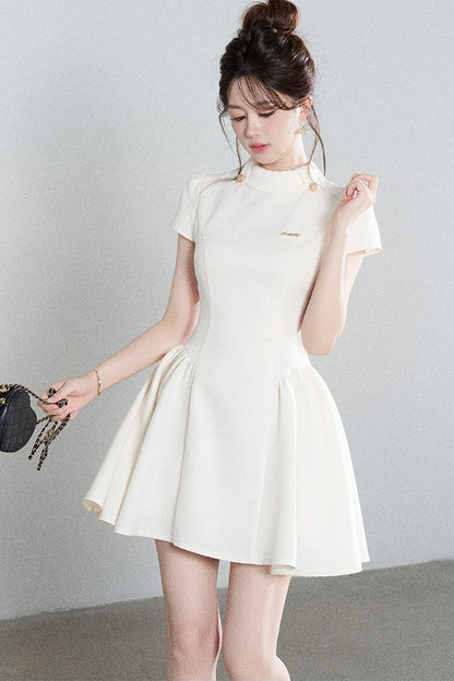 White Waist-Cinching A-Line Dress
