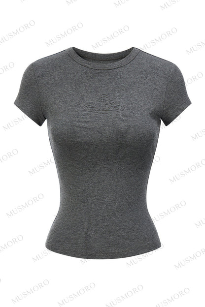 Embossed Cat Irregular Hem Bamboo Cotton T-Shirt