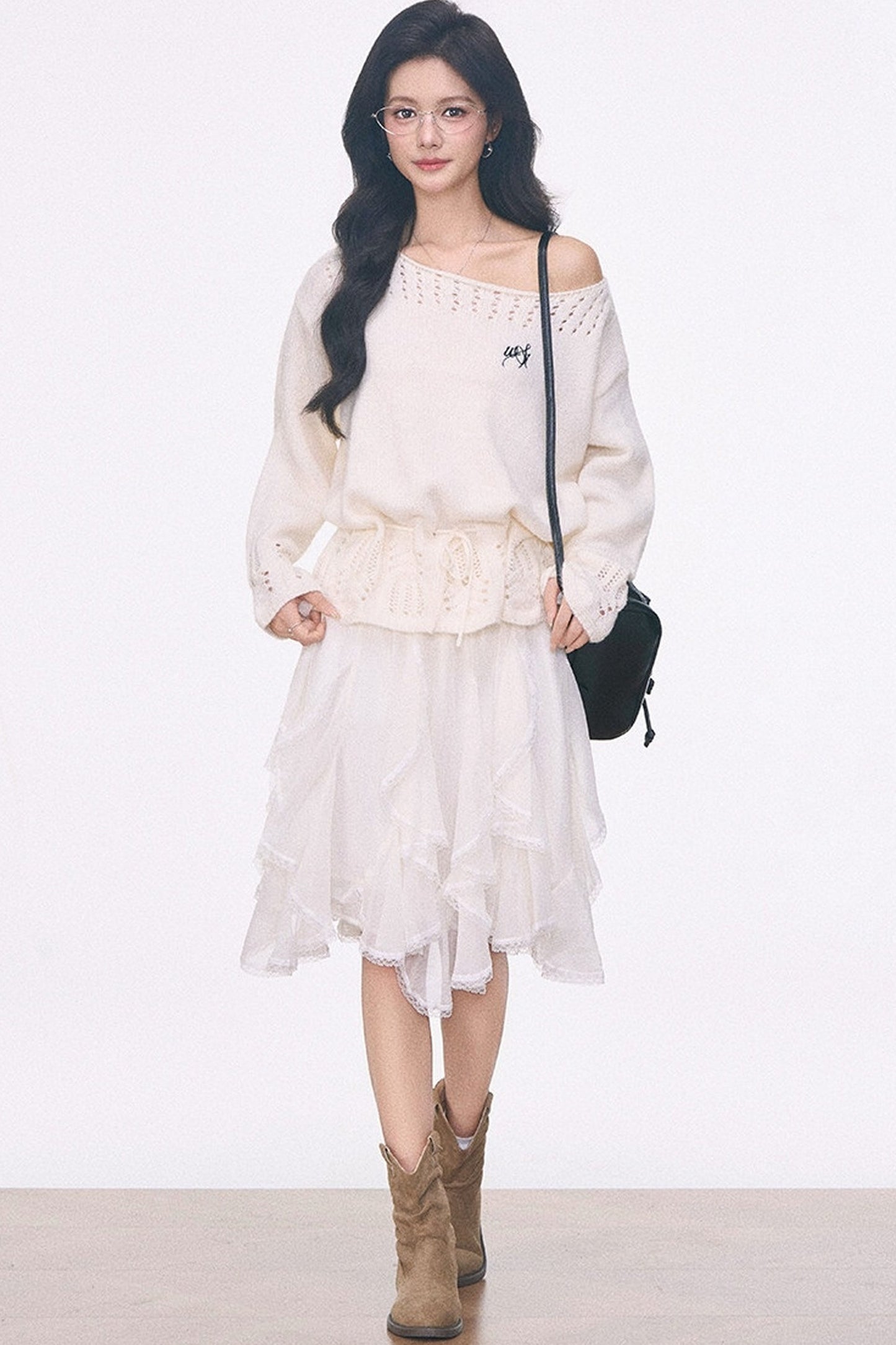 Off-Shoulder Lace-Up Sweater And Ruffled Skirt Set-Up