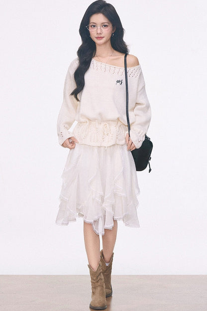Off-Shoulder Lace-Up Sweater And Ruffled Skirt Set-Up