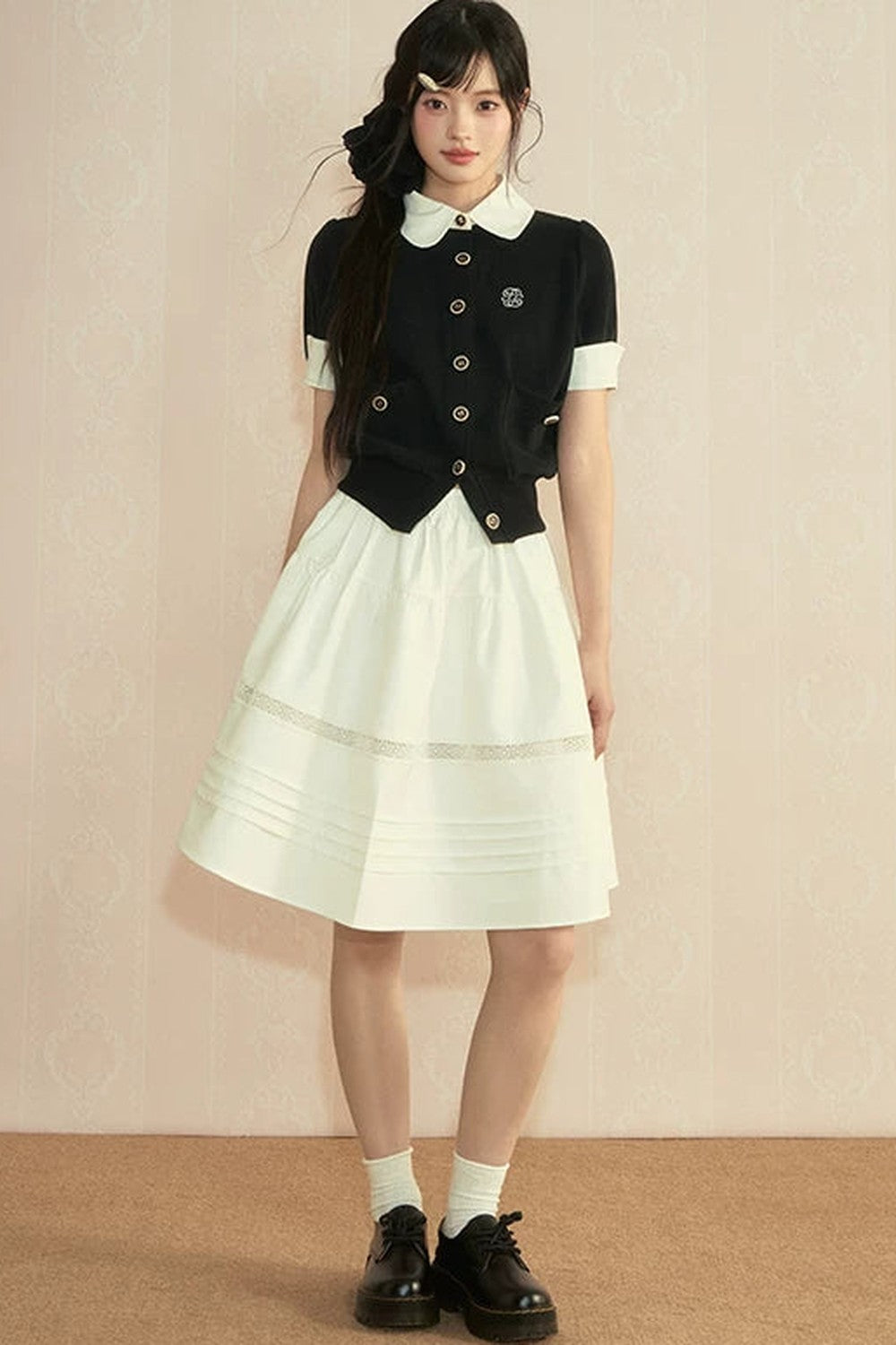 Color-Block Knit Cardigan and Pleated Skirt Set-Up