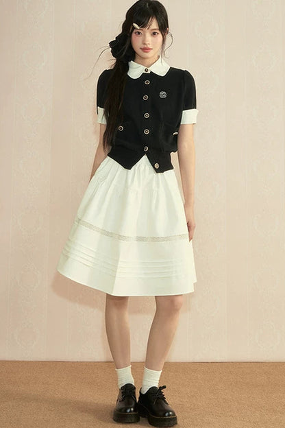 Color-Block Knit Cardigan and Pleated Skirt Set-Up