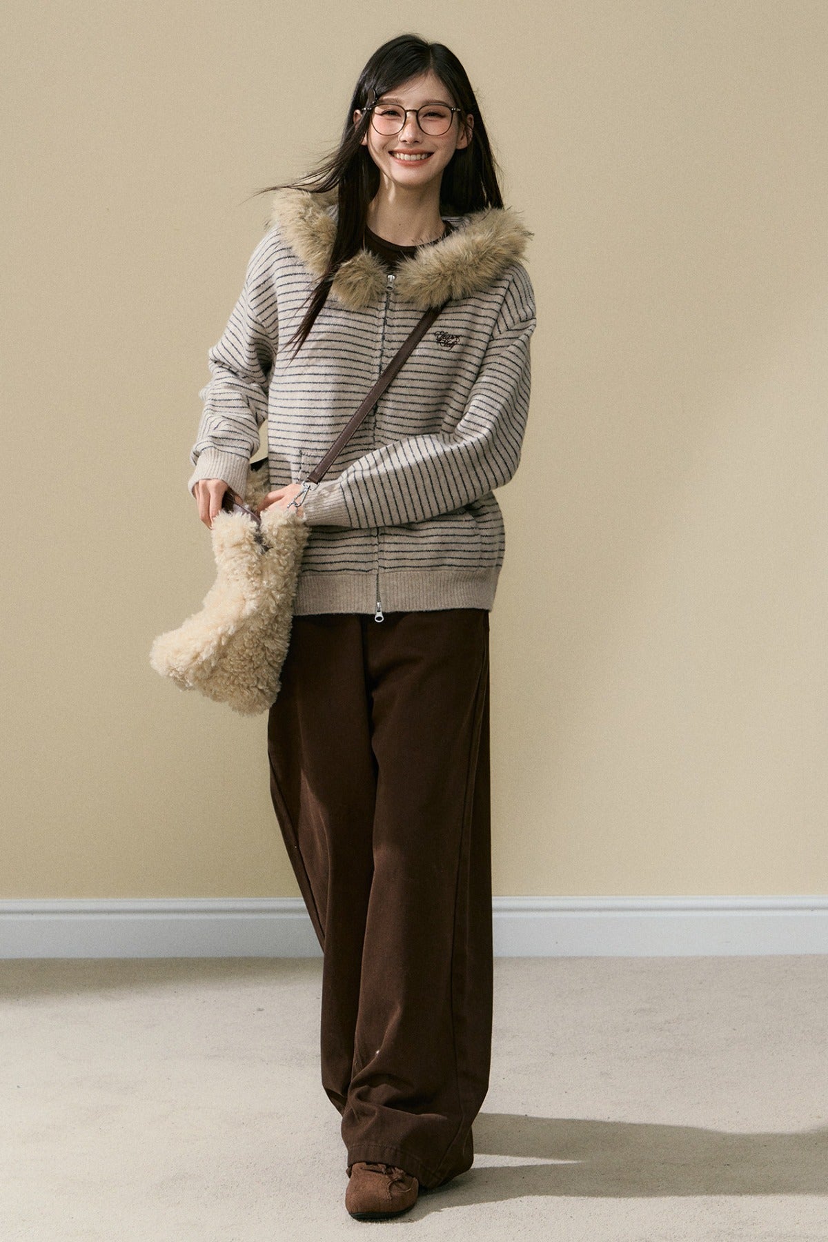 Striped Wool Knit Cardigan and Pants Set-Up