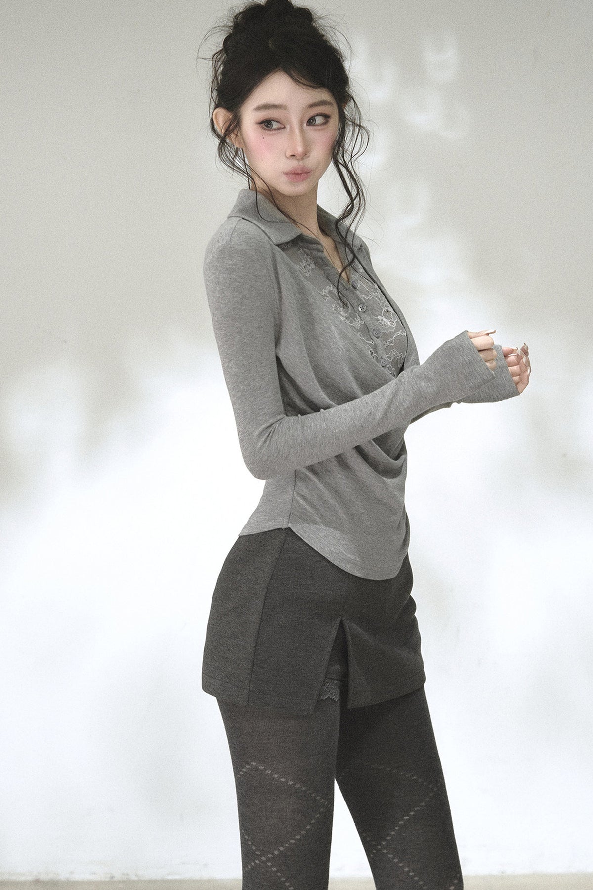 Lace Drape Collar Long-Sleeve Knit Top