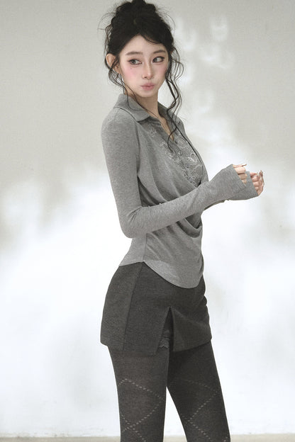 Lace Drape Collar Long-Sleeve Knit Top