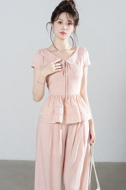 Ensemble chemise rose en Tencel à col Claudine et pantalon large