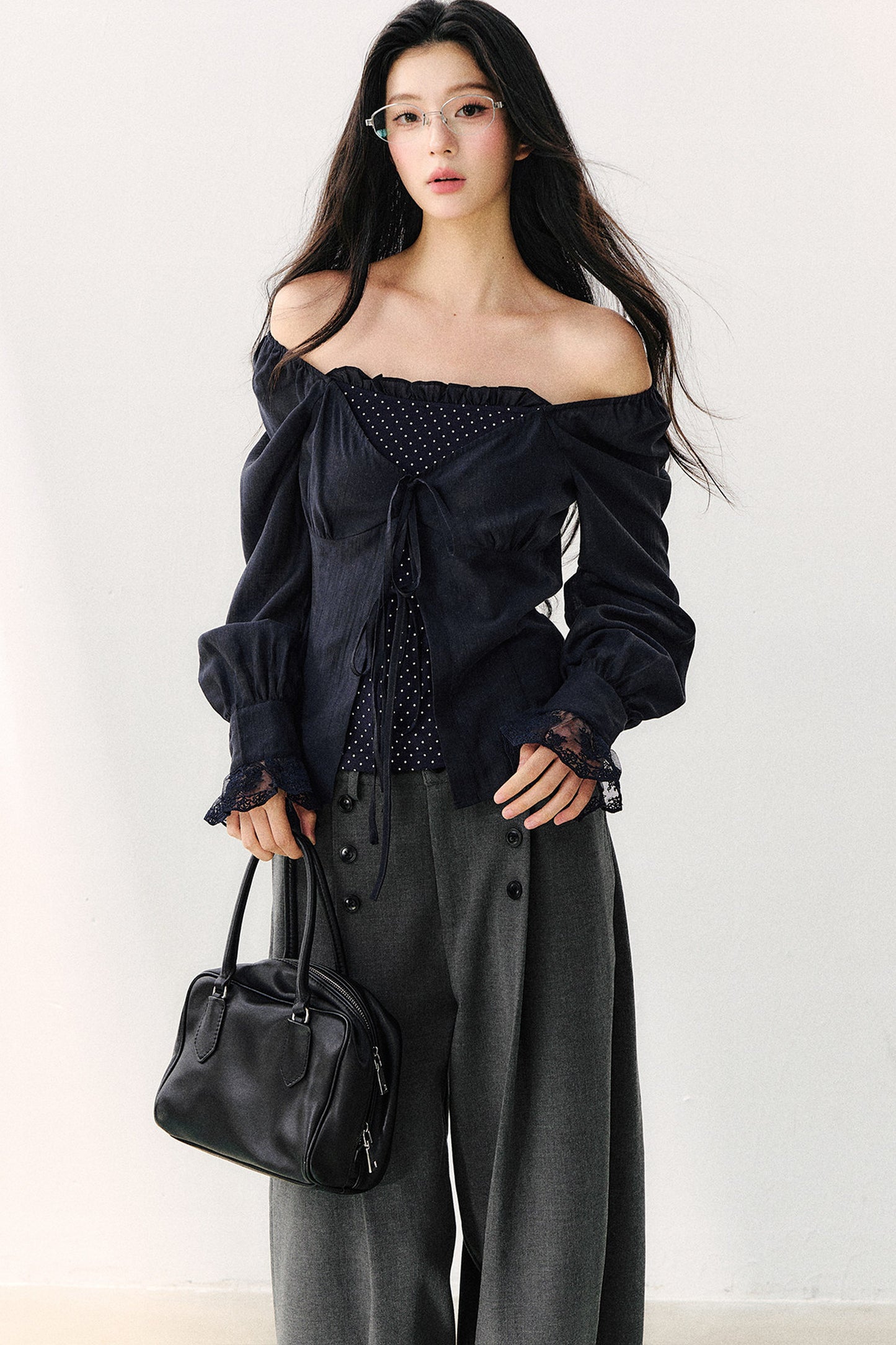 Polka Dot Knit Layered-Look Blouse