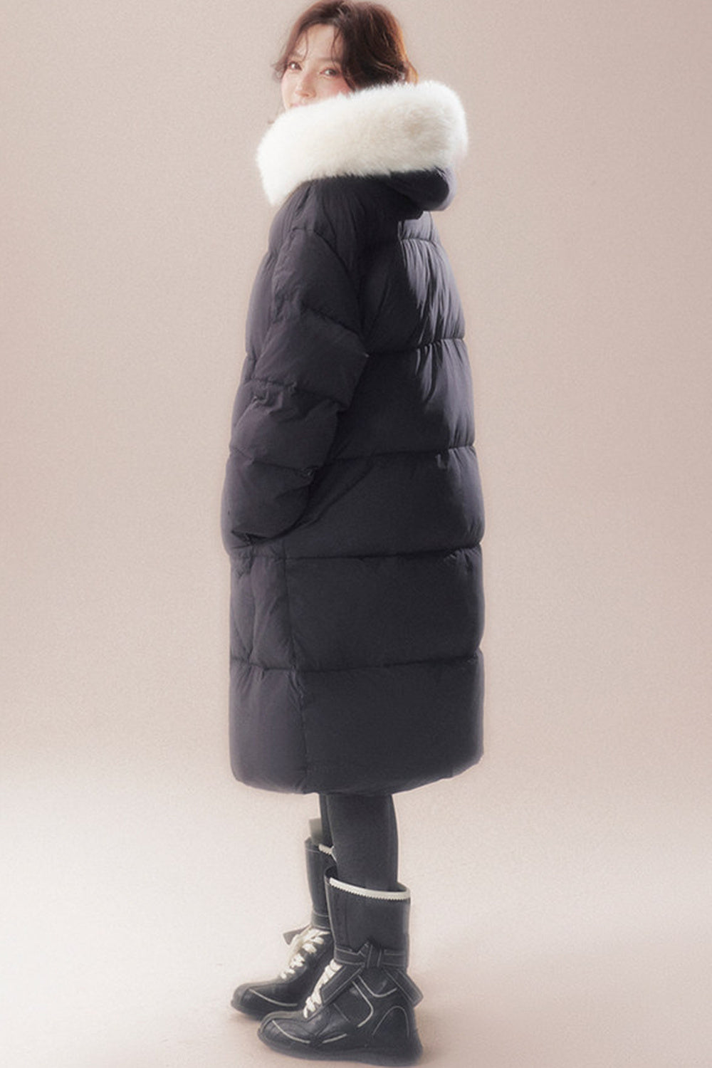 Long Heart Quilted Fur Collar Down Coat