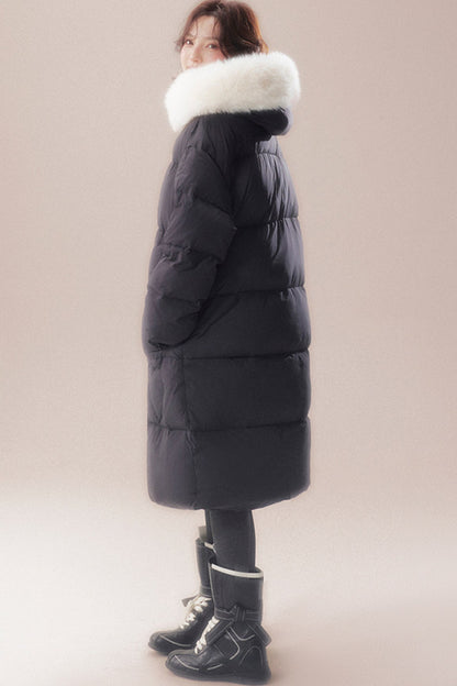Long Heart Quilted Fur Collar Down Coat