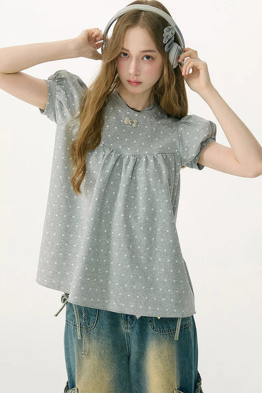 Polka Dot Puff Sleeve T-Shirt