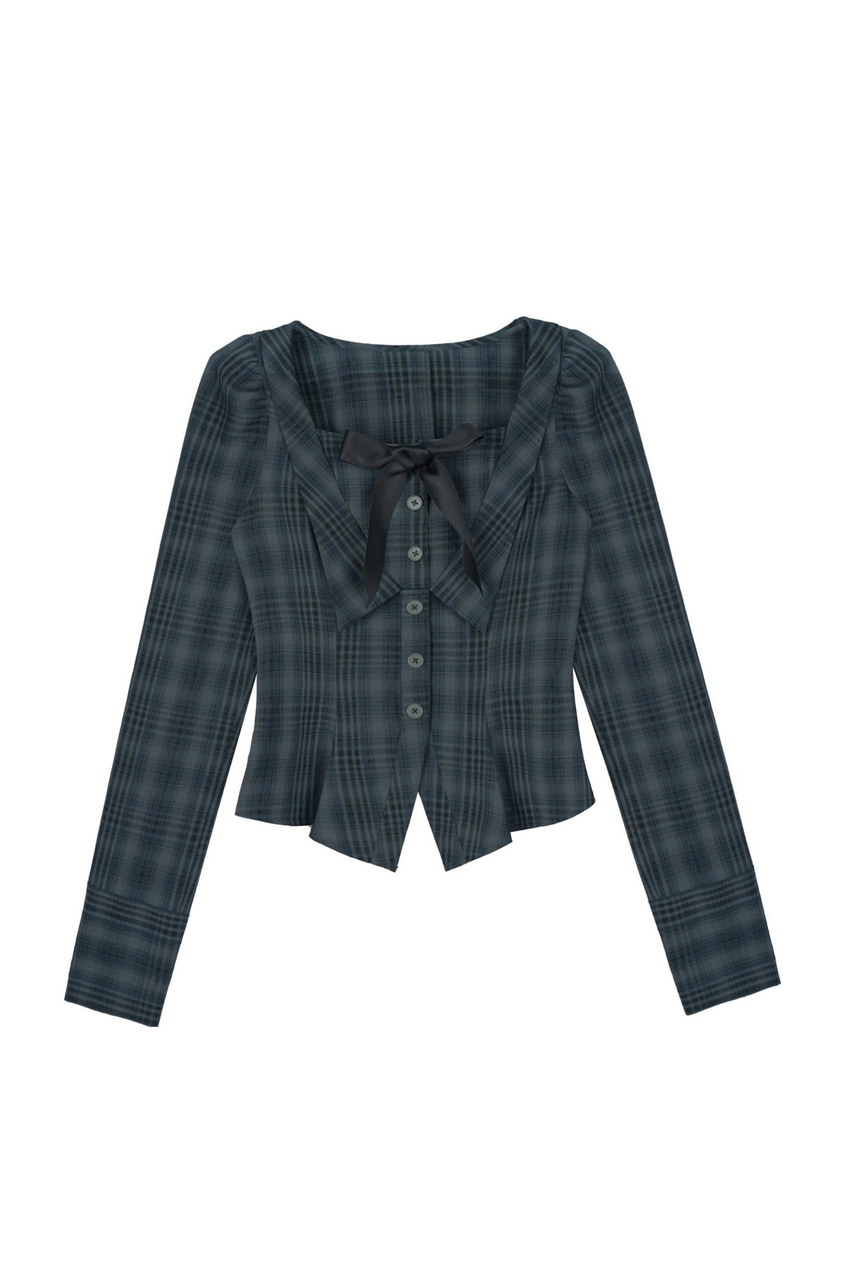 Blue Black Plaid Square Neck Shirt