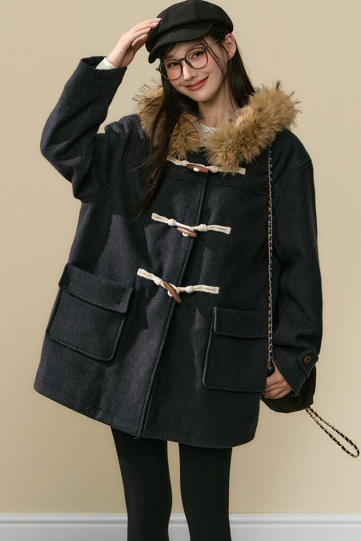 Wool Toggle Detachable Fur Collar Coat