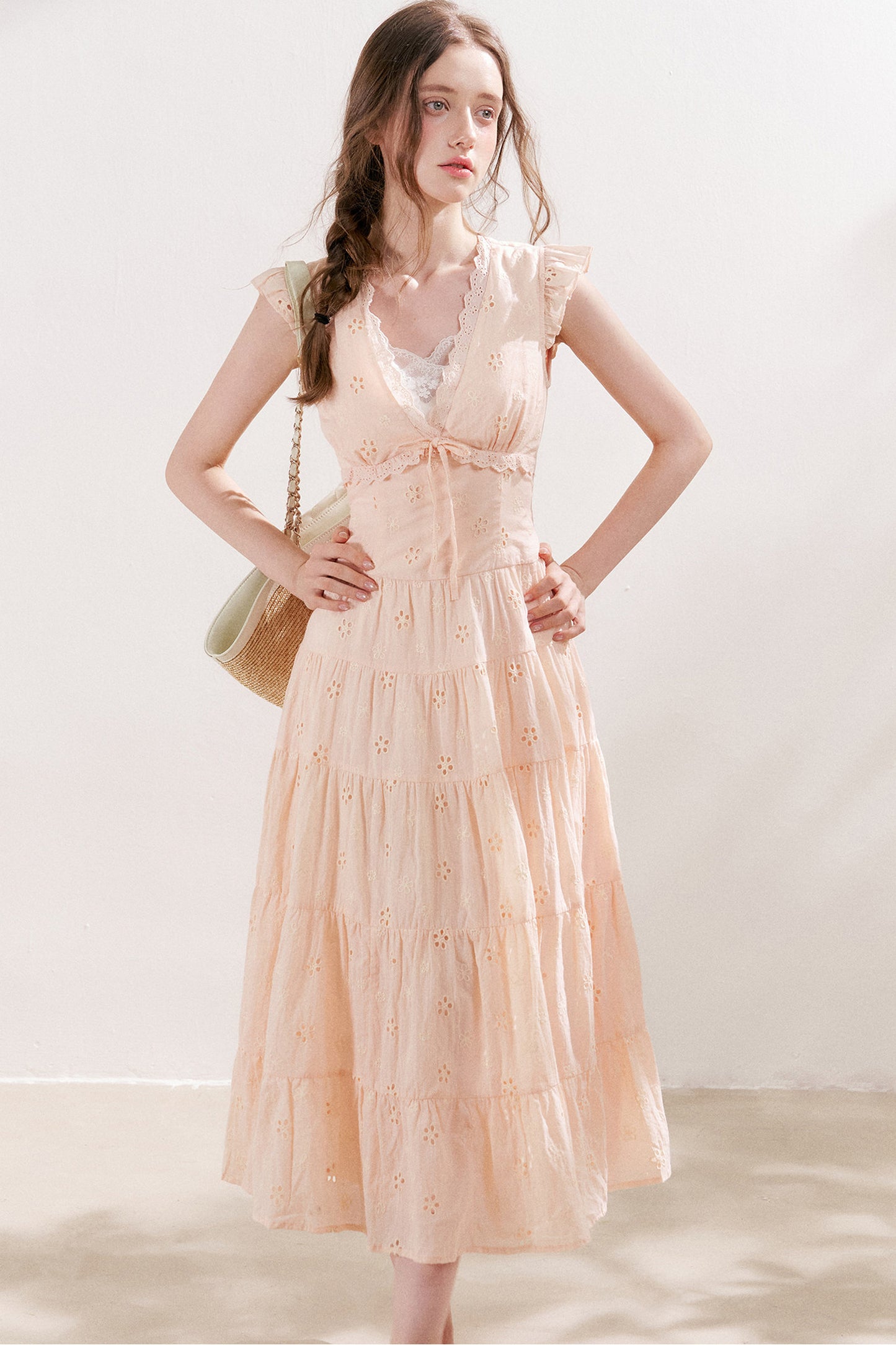 Five-Petal Flower Cutout Tiered Cotton Dress