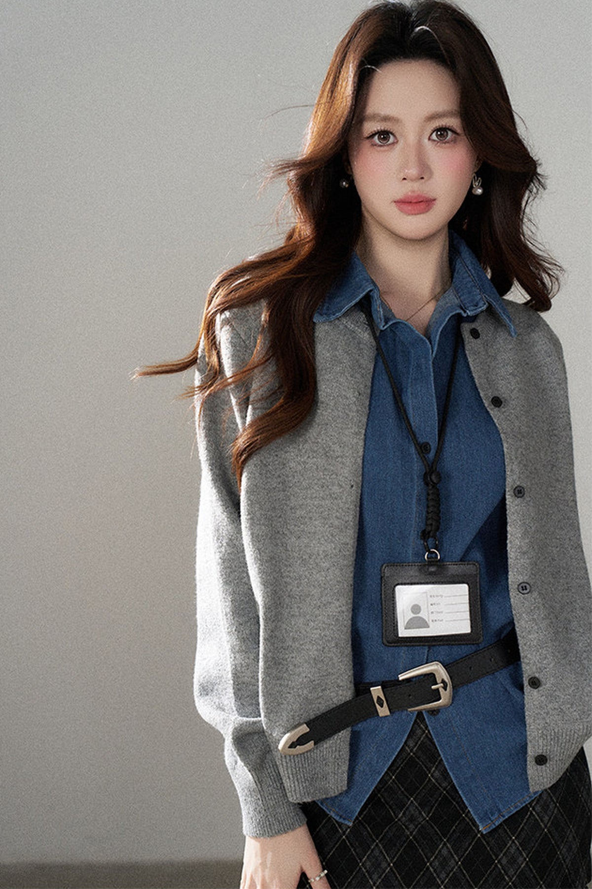 Layered-Look Denim Collar Sweater